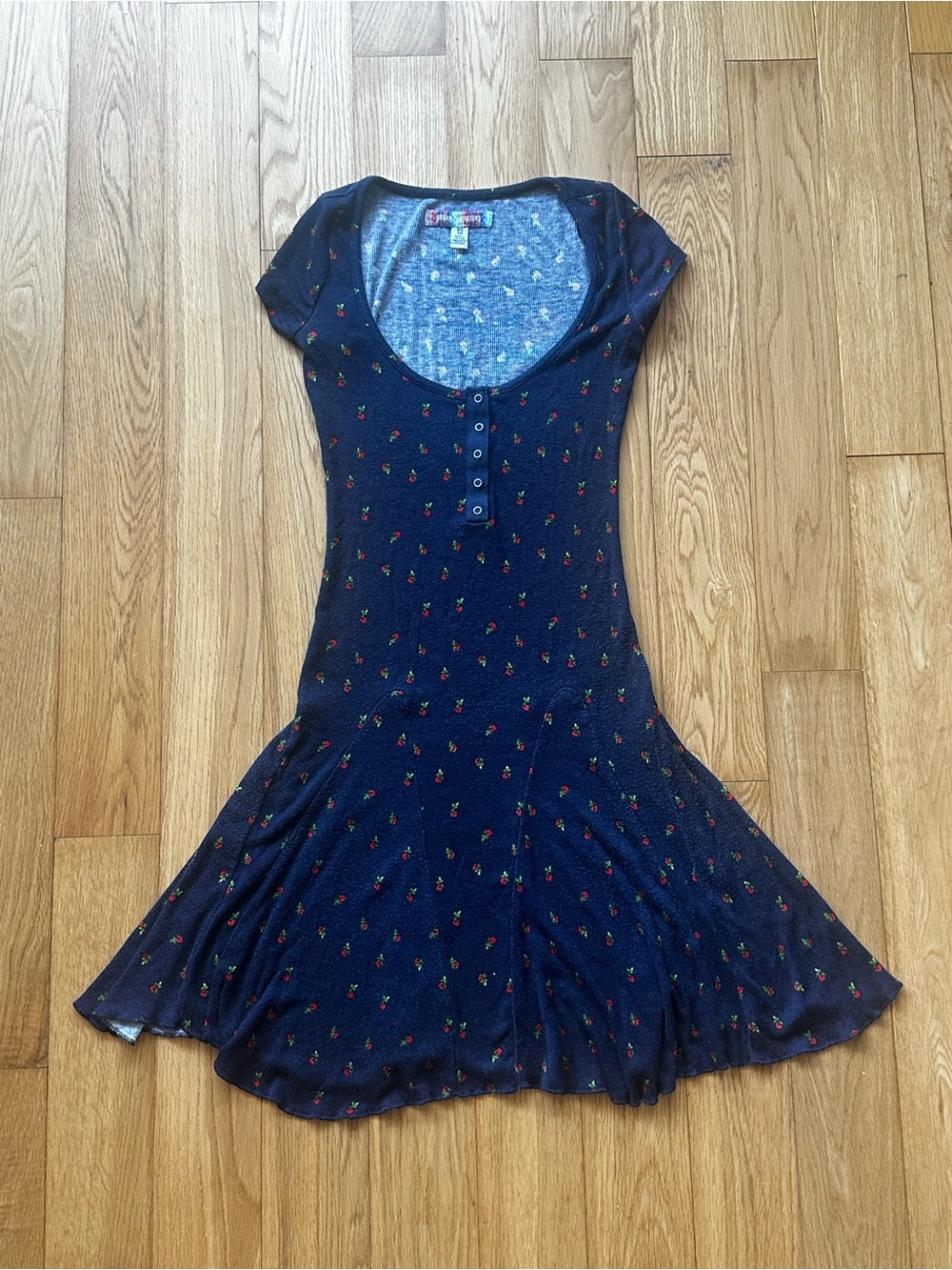 Urban Outfitters Navy Floral Strawberry Print Neck Fit-and-Flare Dress